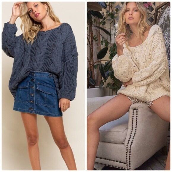 𝅺POL Soft Handmade Knit Sweater In Blue Grey - Picture 2 of 11